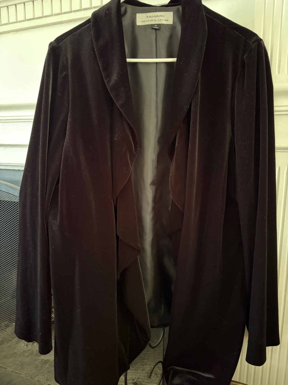 Tahari Womens Black Velvet Open-Front Jacket with Cascading Ruffle